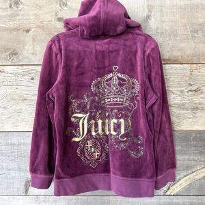 Juicy Couture VTG Y2K Velour Zip Hoodie Track Jacket XXS Purple Gold Crown Bling